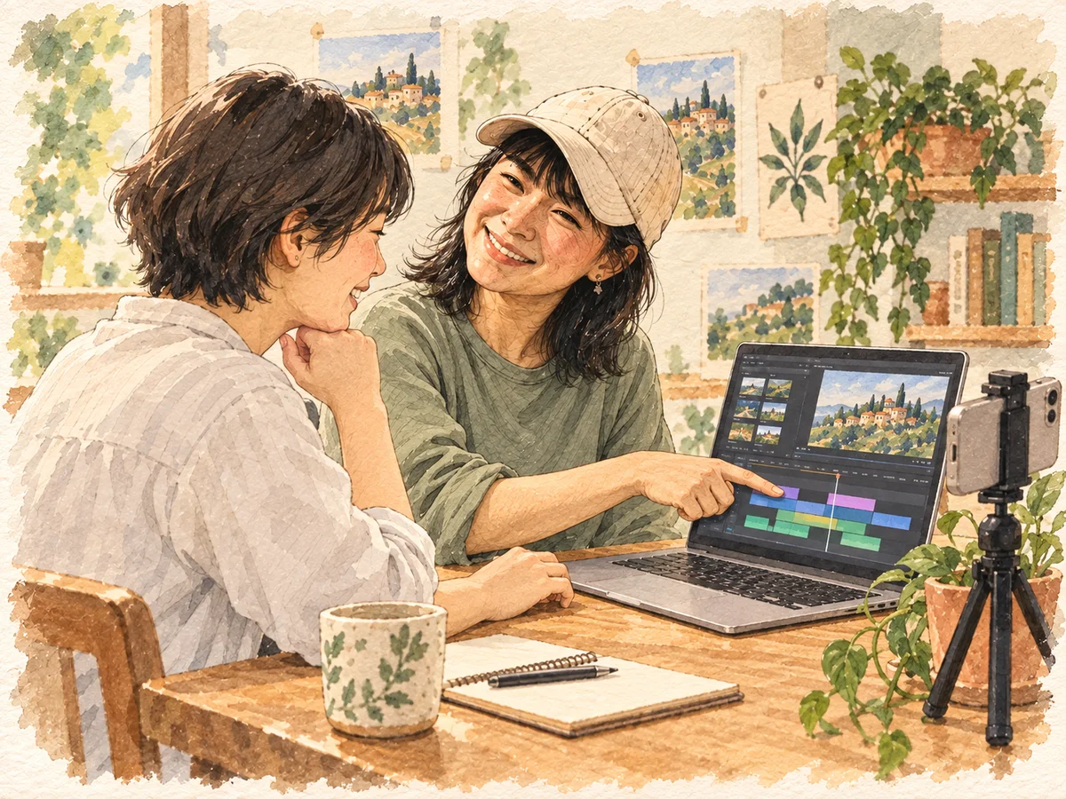 HOU哩桑陪伴學員一起剪輯影片、討論作品的日式插圖